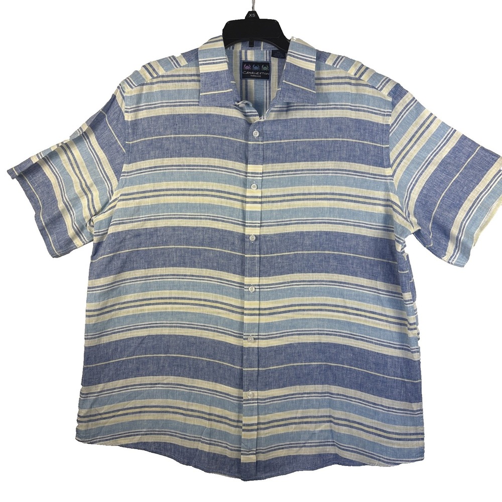 Charleston Threads Men's‎ 2XL Linen Blend Short Sleeve Button Down Striped